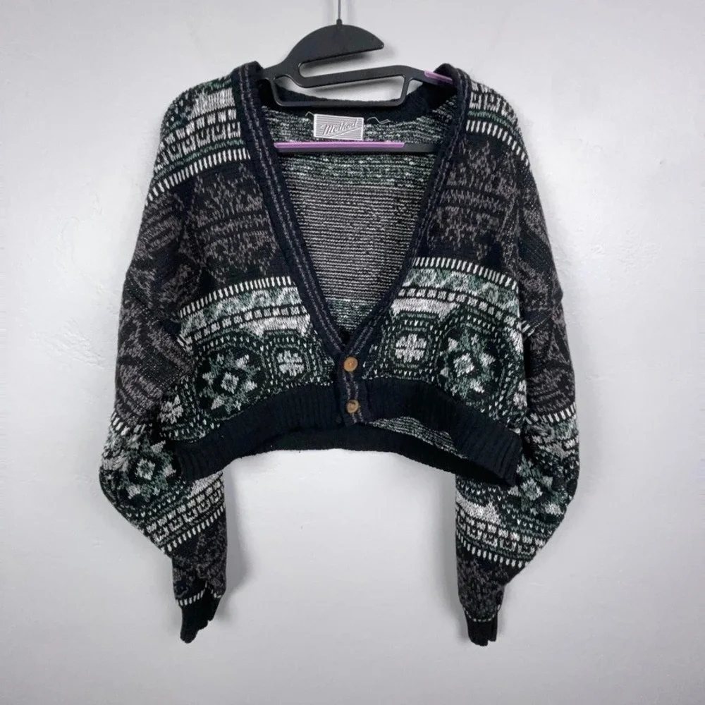 Vintage Method Cardigan Women M Geometric Cropped Knit Abstract Grandpa Boho